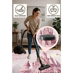 Peri Masalı Şato Halı – Pembe Ve Lila –  Çocuk Odası Halısı, Makinede Yıkanabilir, Kaymaz Ve İnce Tabanlı