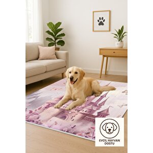 Peri Masalı Şato Halı – Pembe Ve Lila –  Çocuk Odası Halısı, Makinede Yıkanabilir, Kaymaz Ve İnce Tabanlı