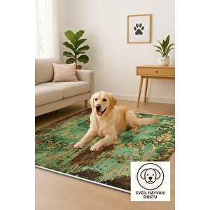 Halı – Yeşil; Sarı; Kahverengi – Eskitme Damask Desen, Pamuk Dokuma Taban, Makinede Yıkanabilir, Kolay Temizlenebilir, Toz Ve Tüy Tutmaz, Kaymaz, Evcil Hayvan Dost