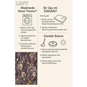 Vintage Çiçek Desenli Halı – Mor Ve Bej – Romantik Bahar Teması, Makinede Yıkanabilir, Kaymaz Ve İnce Tabanlı