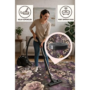 Vintage Çiçek Desenli Halı – Mor Ve Bej – Romantik Bahar Teması, Makinede Yıkanabilir, Kaymaz Ve İnce Tabanlı