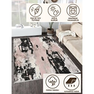 Soyut Modern Halı – Pembe, Siyah Ve Krem –  Sanatsal Tasarım, Makinede Yıkanabilir, Kaymaz Ve İnce Tabanlı