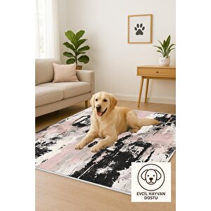 Soyut Modern Halı – Pembe, Siyah Ve Krem –  Sanatsal Tasarım, Makinede Yıkanabilir, Kaymaz Ve İnce Tabanlı