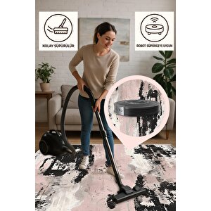 Soyut Modern Halı – Pembe, Siyah Ve Krem –  Sanatsal Tasarım, Makinede Yıkanabilir, Kaymaz Ve İnce Tabanlı