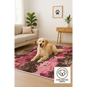 Soyut Desenli Modern Halı – Pembe, Kahverengi Ve Bej Tonlar – Makinede Yıkanabilir, Toz Tutmaz, Kaymaz Taban, Evcil Hayvan Dostu
