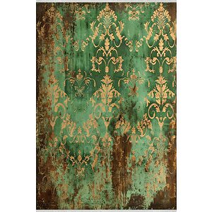 Halı – Yeşil; Sarı; Kahverengi – Eskitme Damask Desen, Pamuk Dokuma Taban, Makinede Yıkanabilir, Kolay Temizlenebilir, Toz Ve Tüy Tutmaz, Kaymaz, Evcil Hayvan Dost 180x270 cm
