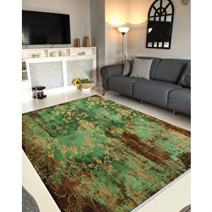 Halı – Yeşil; Sarı; Kahverengi – Eskitme Damask Desen, Pamuk Dokuma Taban, Makinede Yıkanabilir, Kolay Temizlenebilir, Toz Ve Tüy Tutmaz, Kaymaz, Evcil Hayvan Dost 180x270 cm