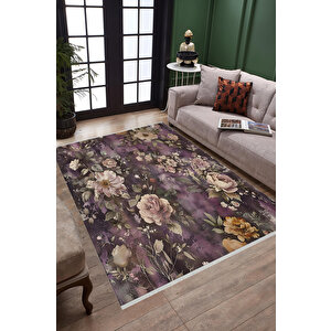 Vintage Çiçek Desenli Halı – Mor Ve Bej – Romantik Bahar Teması, Makinede Yıkanabilir, Kaymaz Ve İnce Tabanlı 200x270 cm