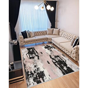 Soyut Modern Halı – Pembe, Siyah Ve Krem –  Sanatsal Tasarım, Makinede Yıkanabilir, Kaymaz Ve İnce Tabanlı
