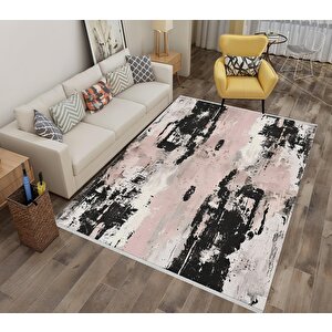 Soyut Modern Halı – Pembe, Siyah Ve Krem –  Sanatsal Tasarım, Makinede Yıkanabilir, Kaymaz Ve İnce Tabanlı