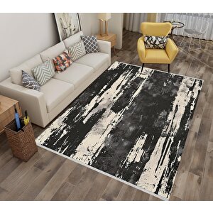 Halı – Siyah; Fildişi – Soyut Desen, Pamuk Dokuma Taban, Makinede Yıkanabilir, Kolay Temizlenebilir, Toz Ve Tüy Tutmaz, Kaymaz, Evcil Hayvan Dostu 150x150 cm