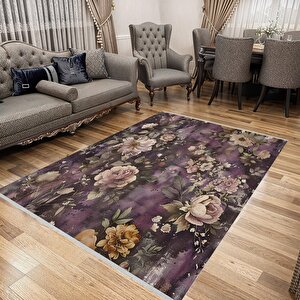 Vintage Çiçek Desenli Halı – Mor Ve Bej – Romantik Bahar Teması, Makinede Yıkanabilir, Kaymaz Ve İnce Tabanlı 200x220 cm