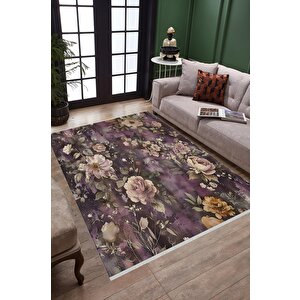 Vintage Çiçek Desenli Halı – Mor Ve Bej – Romantik Bahar Teması, Makinede Yıkanabilir, Kaymaz Ve İnce Tabanlı 200x220 cm