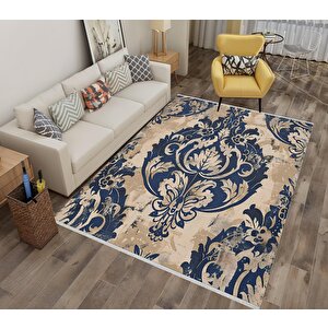 Klasik Damask Desenli Halı – Lacivert Ve Bej – Zamansız Şıklık, Yıkanabilir, Kaymaz Taban, İnce Ve Katlanabilir Tasarım 180x270 cm