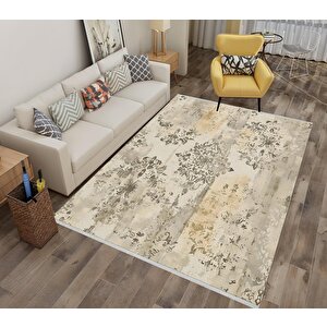 Vintage Damask Desenli Halı – Bej Ve Açık Kahve – Sakin Tonlarda, Makinede Yıkanabilir, Kolay Temizlenebilir, Kaymaz Taban, Pamuk Dokuma Taban, Evcil Hayvan Dostu 120x270 cm