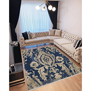 Barok Desenli Klasik Halı – Lacivert Ve Bej –  Damask Motif, Makinede Yıkanabilir, Kaymaz Ve İnce Tabanlı