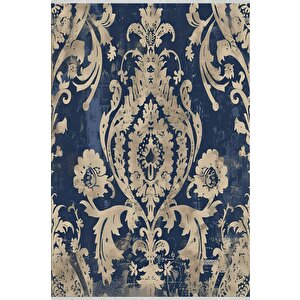 Barok Desenli Klasik Halı – Lacivert Ve Bej –  Damask Motif, Makinede Yıkanabilir, Kaymaz Ve İnce Tabanlı