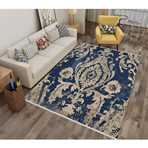 Barok Desenli Klasik Halı – Lacivert Ve Bej –  Damask Motif, Makinede Yıkanabilir, Kaymaz Ve İnce Tabanlı