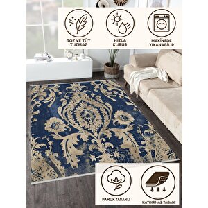 Barok Desenli Klasik Halı – Lacivert Ve Bej –  Damask Motif, Makinede Yıkanabilir, Kaymaz Ve İnce Tabanlı