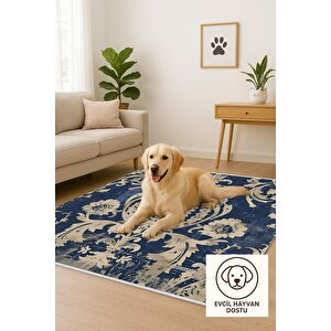Barok Desenli Klasik Halı – Lacivert Ve Bej –  Damask Motif, Makinede Yıkanabilir, Kaymaz Ve İnce Tabanlı