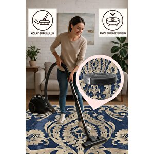 Barok Desenli Klasik Halı – Lacivert Ve Bej –  Damask Motif, Makinede Yıkanabilir, Kaymaz Ve İnce Tabanlı