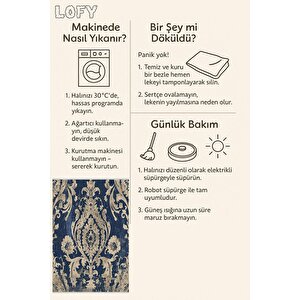 Barok Desenli Klasik Halı – Lacivert Ve Bej –  Damask Motif, Makinede Yıkanabilir, Kaymaz Ve İnce Tabanlı