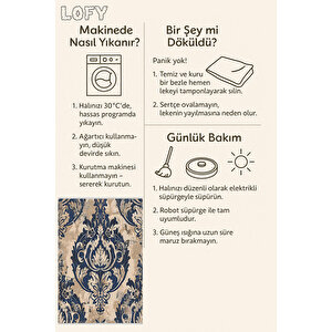 Klasik Damask Desenli Halı – Lacivert Ve Bej – Zamansız Şıklık, Yıkanabilir, Kaymaz Taban, İnce Ve Katlanabilir Tasarım