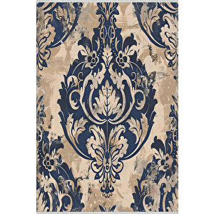 Klasik Damask Desenli Halı – Lacivert Ve Bej – Zamansız Şıklık, Yıkanabilir, Kaymaz Taban, İnce Ve Katlanabilir Tasarım 180x200 cm