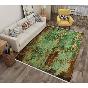 Halı – Yeşil; Sarı; Kahverengi – Eskitme Damask Desen, Pamuk Dokuma Taban, Makinede Yıkanabilir, Kolay Temizlenebilir, Toz Ve Tüy Tutmaz, Kaymaz, Evcil Hayvan Dost 120x180 cm