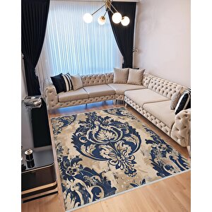 Klasik Damask Desenli Halı – Lacivert Ve Bej – Zamansız Şıklık, Yıkanabilir, Kaymaz Taban, İnce Ve Katlanabilir Tasarım 100x180 cm