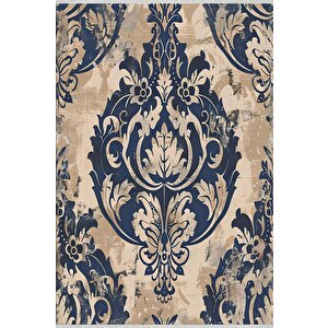 Klasik Damask Desenli Halı – Lacivert Ve Bej – Zamansız Şıklık, Yıkanabilir, Kaymaz Taban, İnce Ve Katlanabilir Tasarım 100x180 cm