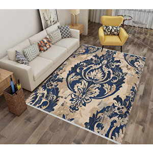 Klasik Damask Desenli Halı – Lacivert Ve Bej – Zamansız Şıklık, Yıkanabilir, Kaymaz Taban, İnce Ve Katlanabilir Tasarım 100x180 cm