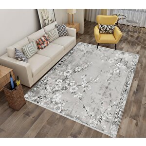 Zarif Çiçek Dalları Halı – Gri Ve Beyaz – Romantik Floral Desen, Pamuk Dokuma Taban, Makinede Yıkanabilir, Kolay Temizlenebilir, Toz Ve Tüy Tutmaz, Kaymaz, Evcil Hayvan Dostu 180x270 cm