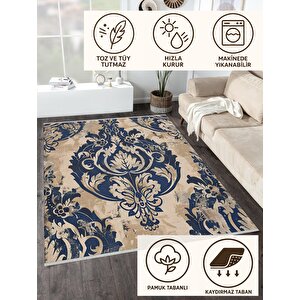 Klasik Damask Desenli Halı – Lacivert Ve Bej – Zamansız Şıklık, Yıkanabilir, Kaymaz Taban, İnce Ve Katlanabilir Tasarım