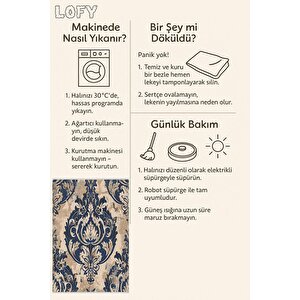 Klasik Damask Desenli Halı – Lacivert Ve Bej – Zamansız Şıklık, Yıkanabilir, Kaymaz Taban, İnce Ve Katlanabilir Tasarım