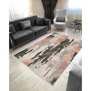 Soyut Desenli Modern Halı – Somon, Gri, Krem Ve Antrasit Tonlar – Makinede Yıkanabilir, Toz Tutmaz, Kaymaz Taban, Evcil Hayvan Dostu