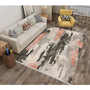 Soyut Desenli Modern Halı – Somon, Gri, Krem Ve Antrasit Tonlar – Makinede Yıkanabilir, Toz Tutmaz, Kaymaz Taban, Evcil Hayvan Dostu