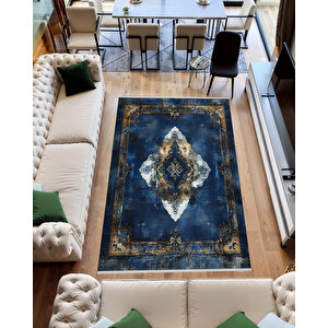 Lacivert Eskitilmiş Medallion Halı – Klasik Ve Derin Tonlar – Makinede Yıkanabilir, Tüy Tutmaz, Pamuk Dokuma Tabanlı 200x270 cm