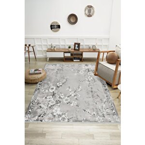 Zarif Çiçek Dalları Halı – Gri Ve Beyaz – Romantik Floral Desen, Pamuk Dokuma Taban, Makinede Yıkanabilir, Kolay Temizlenebilir, Toz Ve Tüy Tutmaz, Kaymaz, Evcil Hayvan Dostu 120x270 cm