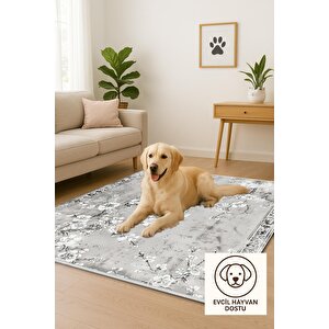 Zarif Çiçek Dalları Halı – Gri Ve Beyaz – Romantik Floral Desen, Pamuk Dokuma Taban, Makinede Yıkanabilir, Kolay Temizlenebilir, Toz Ve Tüy Tutmaz, Kaymaz, Evcil Hayvan Dostu