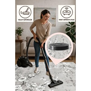 Zarif Çiçek Dalları Halı – Gri Ve Beyaz – Romantik Floral Desen, Pamuk Dokuma Taban, Makinede Yıkanabilir, Kolay Temizlenebilir, Toz Ve Tüy Tutmaz, Kaymaz, Evcil Hayvan Dostu