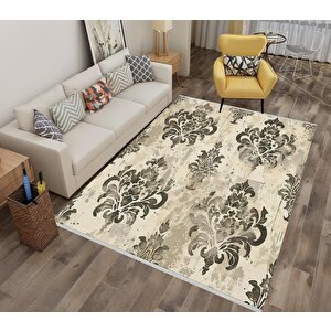 Klasik Damask Desenli Halı – Bej Ve Siyah – Zamansız Asaletin Modern Yorumu, Makinede Yıkanabilir, Kolay Temizlenebilir, Kaymaz Taban, Pamuk Dokuma Taban, Evcil Hayvan Dostu 150x150 cm