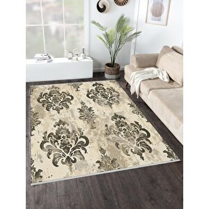 Klasik Damask Desenli Halı – Bej Ve Siyah – Zamansız Asaletin Modern Yorumu, Makinede Yıkanabilir, Kolay Temizlenebilir, Kaymaz Taban, Pamuk Dokuma Taban, Evcil Hayvan Dostu 150x150 cm