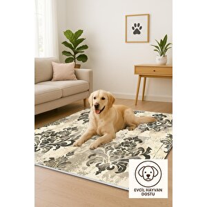 Klasik Damask Desenli Halı – Bej Ve Siyah – Zamansız Asaletin Modern Yorumu, Makinede Yıkanabilir, Kolay Temizlenebilir, Kaymaz Taban, Pamuk Dokuma Taban, Evcil Hayvan Dostu