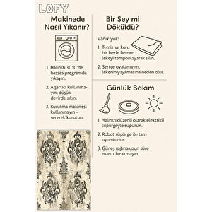 Klasik Damask Desenli Halı – Bej Ve Siyah – Zamansız Asaletin Modern Yorumu, Makinede Yıkanabilir, Kolay Temizlenebilir, Kaymaz Taban, Pamuk Dokuma Taban, Evcil Hayvan Dostu