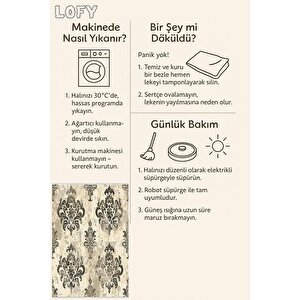 Klasik Damask Desenli Halı – Bej Ve Siyah – Zamansız Asaletin Modern Yorumu, Makinede Yıkanabilir, Kolay Temizlenebilir, Kaymaz Taban, Pamuk Dokuma Taban, Evcil Hayvan Dostu