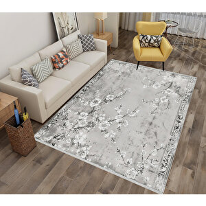Zarif Çiçek Dalları Halı – Gri Ve Beyaz – Romantik Floral Desen, Pamuk Dokuma Taban, Makinede Yıkanabilir, Kolay Temizlenebilir, Toz Ve Tüy Tutmaz, Kaymaz, Evcil Hayvan Dostu 120x180 cm