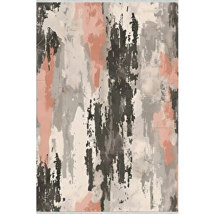 Soyut Desenli Modern Halı – Somon, Gri, Krem Ve Antrasit Tonlar – Makinede Yıkanabilir, Toz Tutmaz, Kaymaz Taban, Evcil Hayvan Dostu 160x350 cm