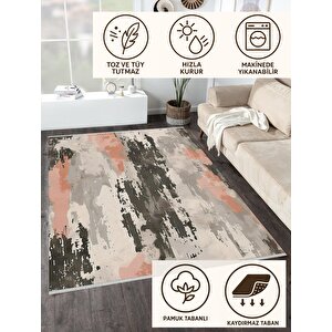 Soyut Desenli Modern Halı – Somon, Gri, Krem Ve Antrasit Tonlar – Makinede Yıkanabilir, Toz Tutmaz, Kaymaz Taban, Evcil Hayvan Dostu