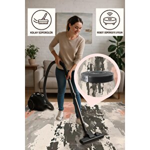 Soyut Desenli Modern Halı – Somon, Gri, Krem Ve Antrasit Tonlar – Makinede Yıkanabilir, Toz Tutmaz, Kaymaz Taban, Evcil Hayvan Dostu